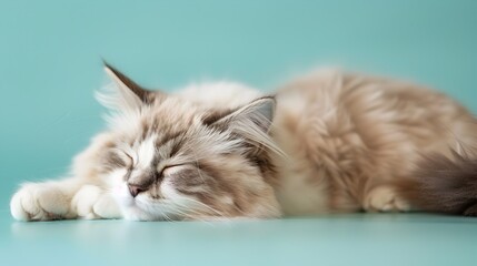 Adorable Ragdoll Kitten Sleeping on Clean Pastel Blue Background