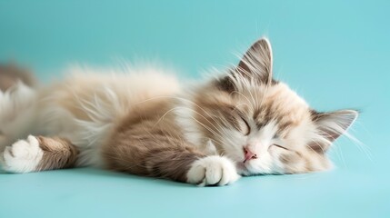 Cute sleeping Ragdoll kitten resting on a clean pastel blue background