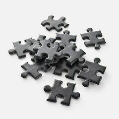 A close-up image showcasing several black puzzle pieces scattered on a plain white background