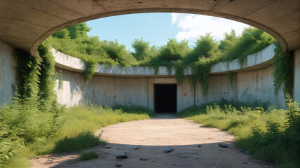 Obraz premium Forgotten Defense: Empty War Bunker with Overgrown Entrances and Silent Chambers, Generative AI