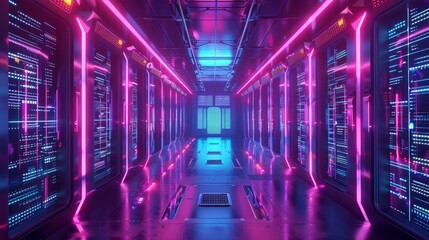 Advanced digital world inside a futuristic server room, holograms projecting data analytics, neon-lit servers humming in a synchronized dance