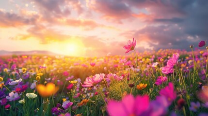 Obraz premium Field of colorful flowers with a vibrant sky in the background Morning in the spring meadow