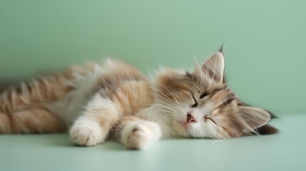 Cute Ragdoll Kitten Sleeping on Pastel Green Minimalist Background