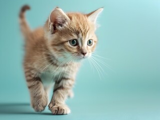 Obraz premium Cute Exotic Shorthair Kitten Walking on Pastel Blue Background