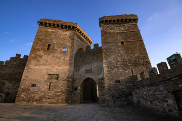 Towers of the internal gates of the ancient Genoese fortress on a May evening, Sudak