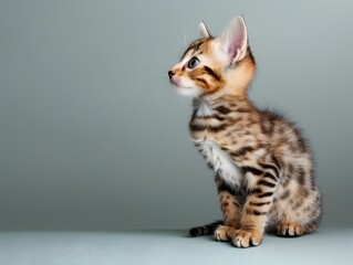 Obraz premium Captivating Bengal Kitten Sitting on Pastel Gray Background in Studio Portrait