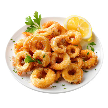 Delicious plate of crispy fried calamari garnished with lemon wedges and fresh parsley, perfect for a seafood appetizer.