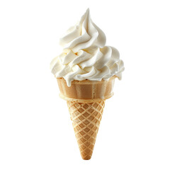 Close-up of a delicious vanilla soft serve ice cream in a crispy cone, isolated on a white background