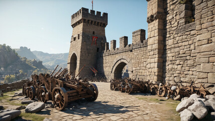 Siege Warfare: Massive Catapults Bombarding Castle Walls with Heavy Stones, Generative AI
