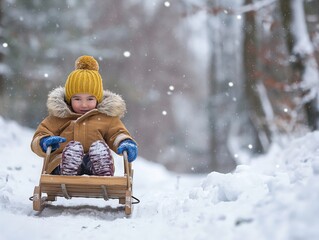A child in a yellow hat and brown coat enjoys sledding through a snowy forest, surrounded by falling snowflakes.
