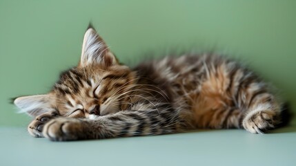 Cute Exotic Shorthair Kitten Sleeping on Pastel Green Background