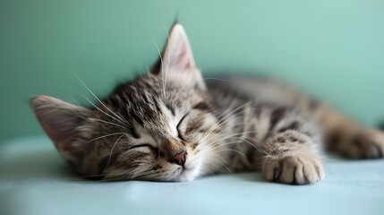Adorable Exotic Shorthair Kitten Peacefully Sleeping on Pastel Green Background