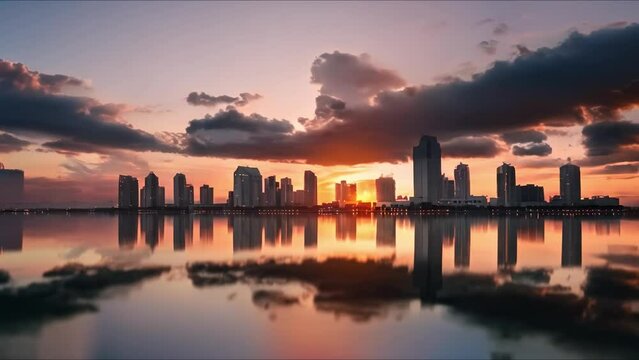 San Diegos iconic skyline at sunset offers breathtaking panoramic views of the city. Concept Cityscape, Sunset Views, Panoramic Skyline, San Diego Landmarks, Breathtaking Scenery