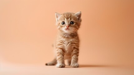 Obraz premium Charming American Curl Kitten Standing Curiously on Pastel Peach Background