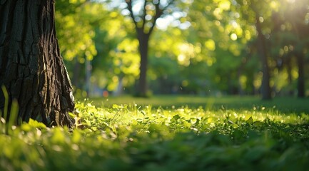 A serene green park with sunlight filtering through the leaves, shadows on the lush grass, atmosphere of tranquility and nature's beauty. calmness, peace, natural harmony, ecofriendly. generative AI