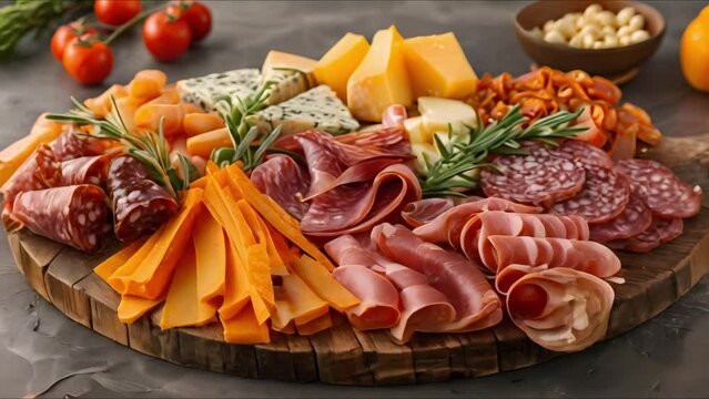 Italian charcuterie board on wooden platter with cutout background. Concept Food Photography, Italian Cuisine, Charcuterie Display, Styling with Wooden Platter, Cutout Background