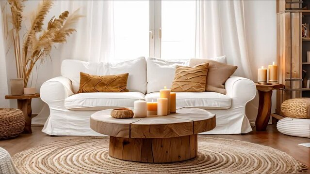 Creating a Boho Chic Living Room with a White Sofa, Wooden Table, and Candles. Concept Boho Chic Decor, White Sofa, Wooden Table, Candles, Living Room Design