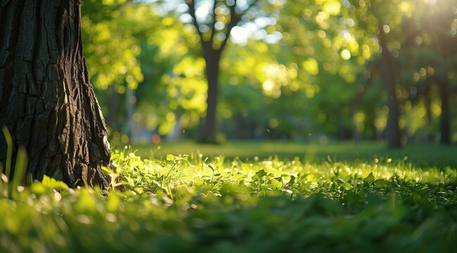 A serene green park with sunlight filtering through the leaves, shadows on the lush grass, atmosphere of tranquility and nature's beauty. calmness, peace, natural harmony, ecofriendly. generative AI