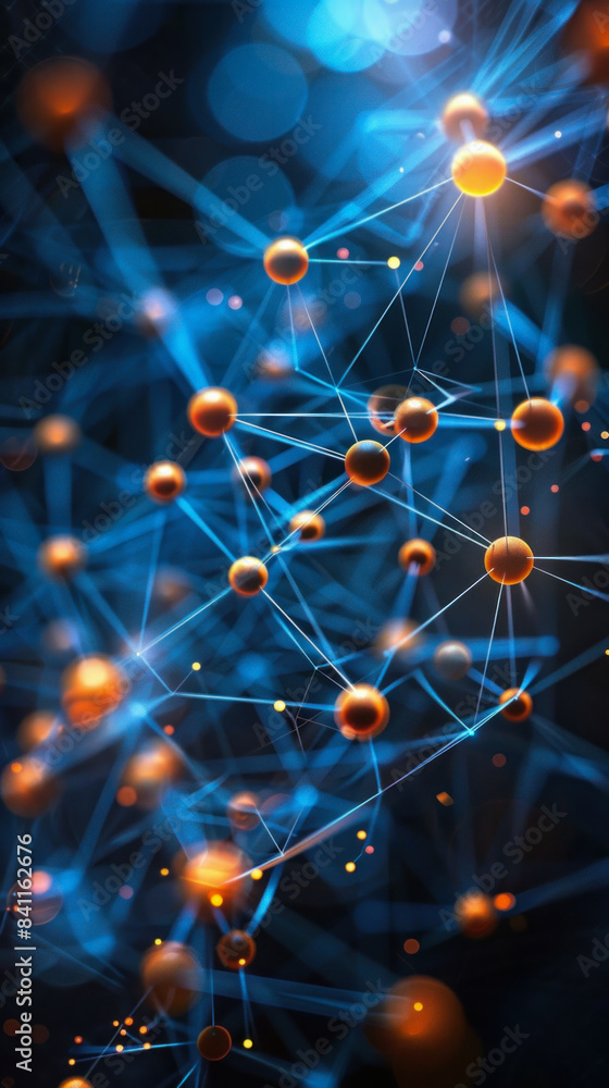 Poster a blue and orange image of many small spheres connected by lines. the image is abstract and has a fu