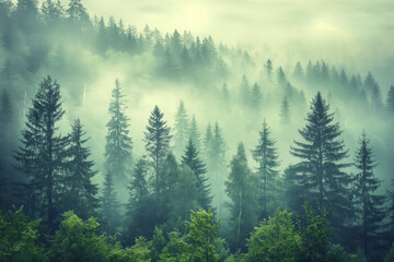 Fototapeta premium Misty landscape with fir forest in vintage retro style