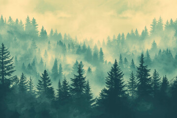 Fototapeta premium Misty landscape with fir forest in vintage retro style