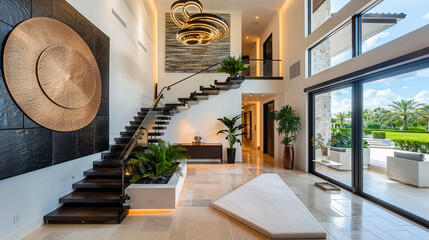 Modern American foyer with a striking cantilevered staircase, floating steps, and a statement wall art piece