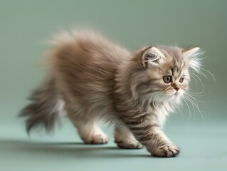 Cute Persian Kitten Walking on Pastel Green Background