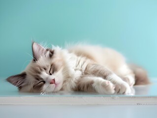 Sleeping Ragdoll Kitten Resting on Pastel Blue Background