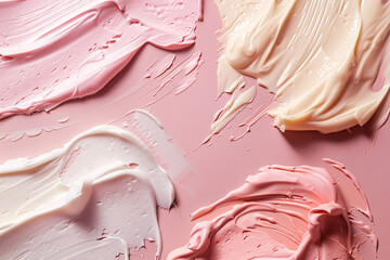 Closeup of cream shades on soft pink background, textured contrast