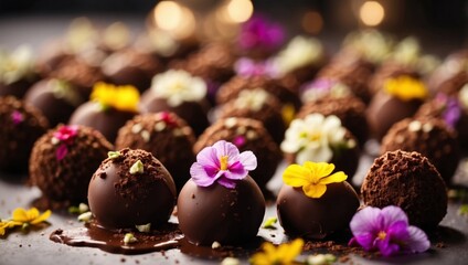 Exquisite Gourmet Chocolate Truffles Adorned with Edible Flowers in Natural Light.