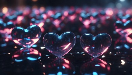 Futuristic Minimal Design Holographic Hearts Floating in a Virtual Space.