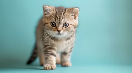 Obraz premium Adorable Scottish Fold Kitten Standing on Pastel Blue Background