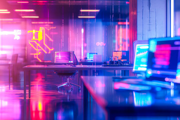 Modern neon cyberpunk open space office interior blurred with information technology overlay. Corporate strategy for finance, operations, marketing. Tables with computers for work. Technology