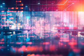 Modern neon cyberpunk open space office interior blurred with information technology overlay. Corporate strategy for finance, operations, marketing. Tables with computers for work. Technology