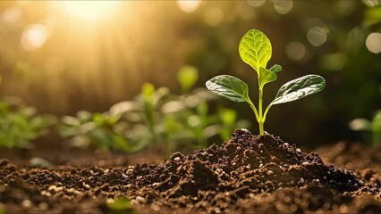 A young green plant sprouting in brown soil under morning sunlight. Concept Nature, Growth, Greenery, Planting, Sunlight