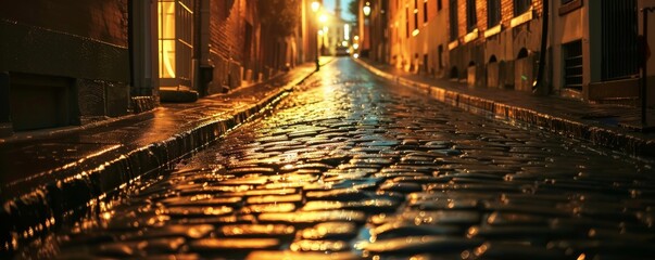 Wet cobblestone street at night