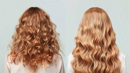 Fototapeta premium Curly hair transformation before and after using shampoo on white background