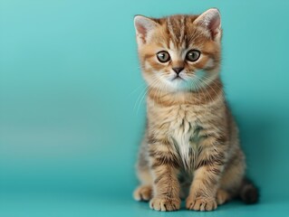 Cute Exotic Shorthair Kitten Sitting on Mint Blue Background
