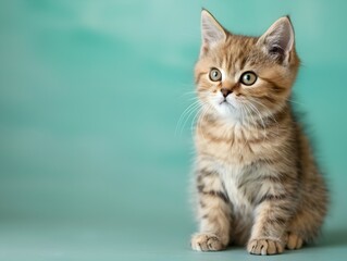 Adorable Exotic Shorthair Kitten Sitting on Mint Blue Background