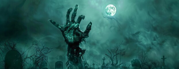 Obraz premium High-angle view of a single zombie hand, rising out of a graveyard, under the moonlight, surrounded by eerie mist, photorealistic digital art