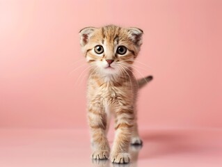 Fototapeta premium Cute American Curl Kitten Standing on Pastel Pink Background