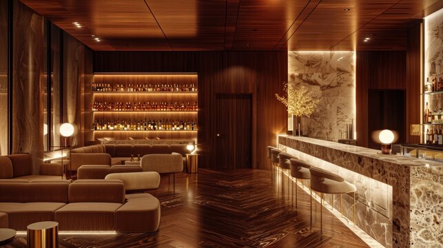A chic nightclub with a minimalist design, elegant marble bar, luxurious seating areas, and sophisticated lighting setup