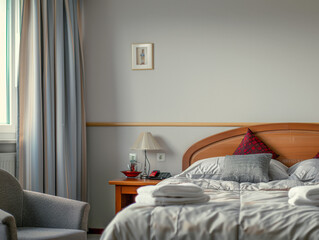 Elegant hotel room with cozy ambiance and modern decor.