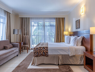 Elegant hotel room with cozy ambiance and modern decor.