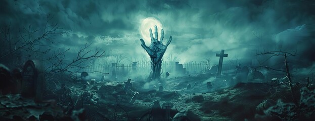 Obraz premium High-angle view of a single zombie hand, rising out of a graveyard, under the moonlight, surrounded by eerie mist, photorealistic digital art