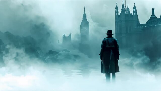 Victorian detective in London fog searching for clues cinematic panoramic style. Concept Victorian, Detective, London Fog, Clues, Cinematic, Panoramic