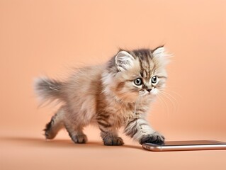 Fototapeta premium Cute Persian Kitten Walking with a Phone on a Pastel Peach Background