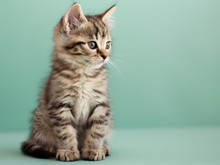 Adorable American Shorthair Kitten Sitting on Mint Green Background