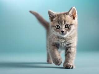 Obraz premium Cute British Shorthair Kitten Exploring on Simple Pastel Blue Background