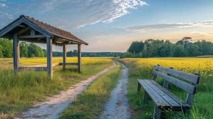 Obraz premium Idyllic countryside bus stop with a wooden bench, overlooking a lush green landscape with a meandering path and distant hills.
